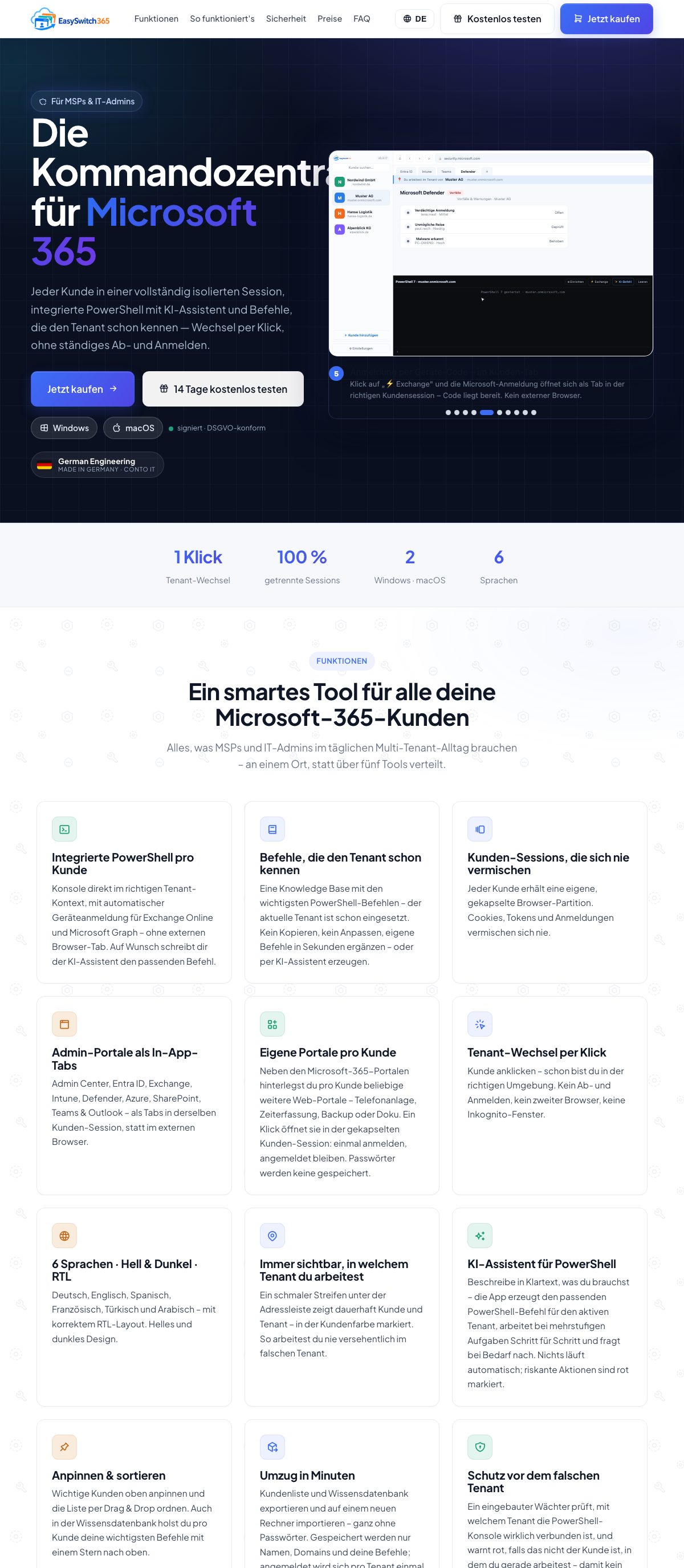 Website von EasySwitch365, ganze Startseite