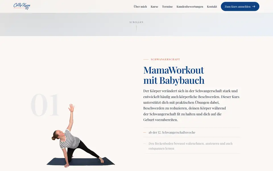Website von CoRo-Kurse: Die Übungen bewegen sich beim Scrollen